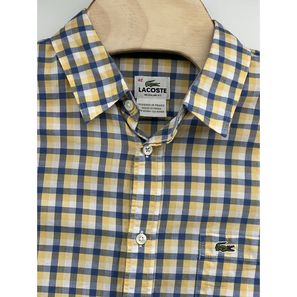 Lacoste Reg Fit Button Down Shirt 42 Blue Yellow White Plaid Long Sleeved Cotton - Picture 3 of 4
